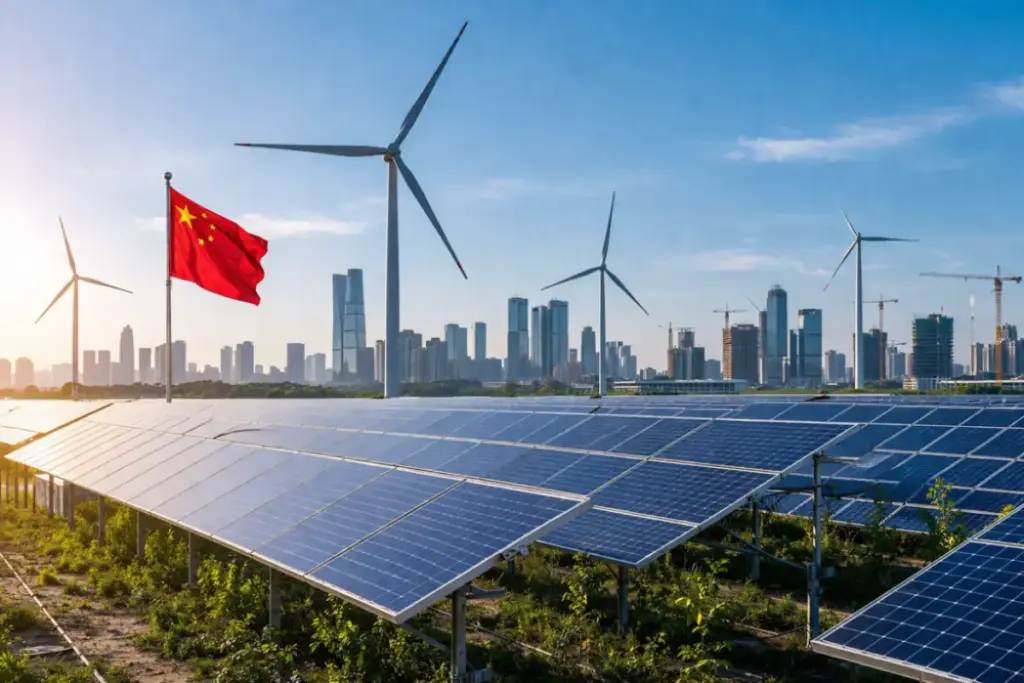 impianto di pannelli solari e turbine eoliche con skyline urbano in Cina