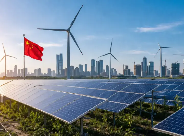 impianto di pannelli solari e turbine eoliche con skyline urbano in Cina