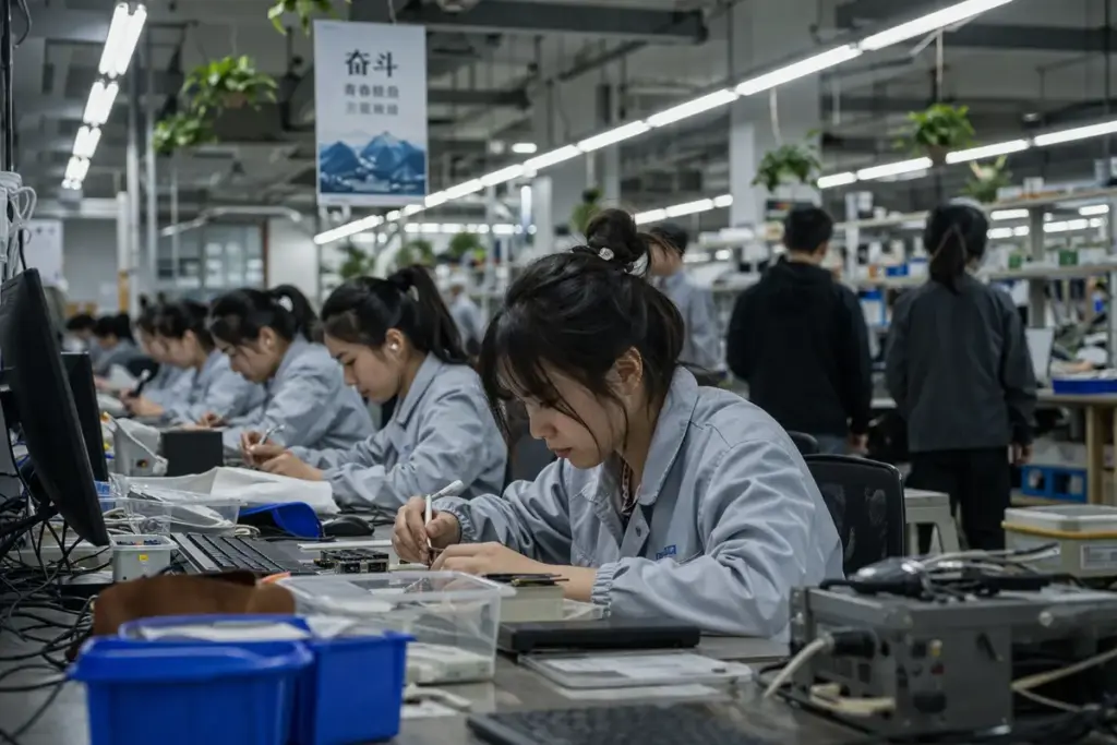 lavoratori in fabbrica tecnologica impegnati nell’assemblaggio di componenti elettronici