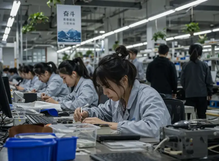 lavoratori in fabbrica tecnologica impegnati nell’assemblaggio di componenti elettronici
