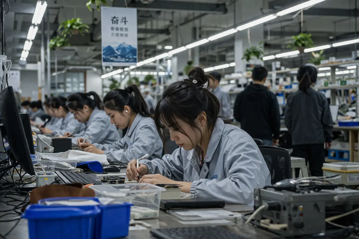 lavoratori in fabbrica tecnologica impegnati nell’assemblaggio di componenti elettronici