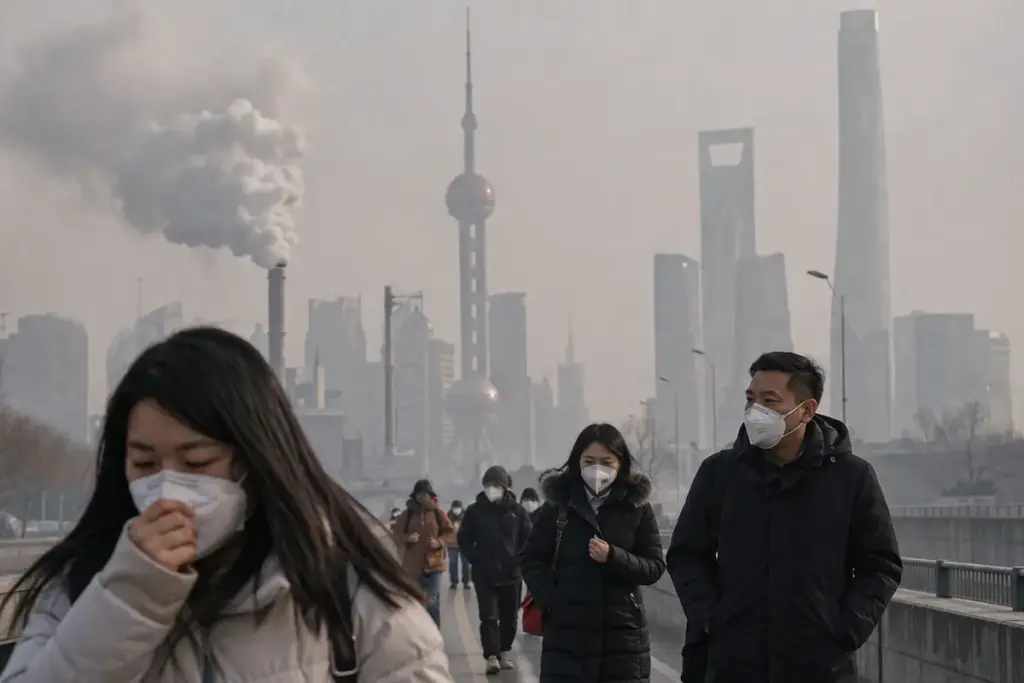 persone con mascherine in città cinese con smog e inquinamento atmosferico
