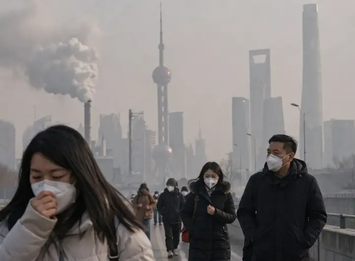 persone con mascherine in città cinese con smog e inquinamento atmosferico