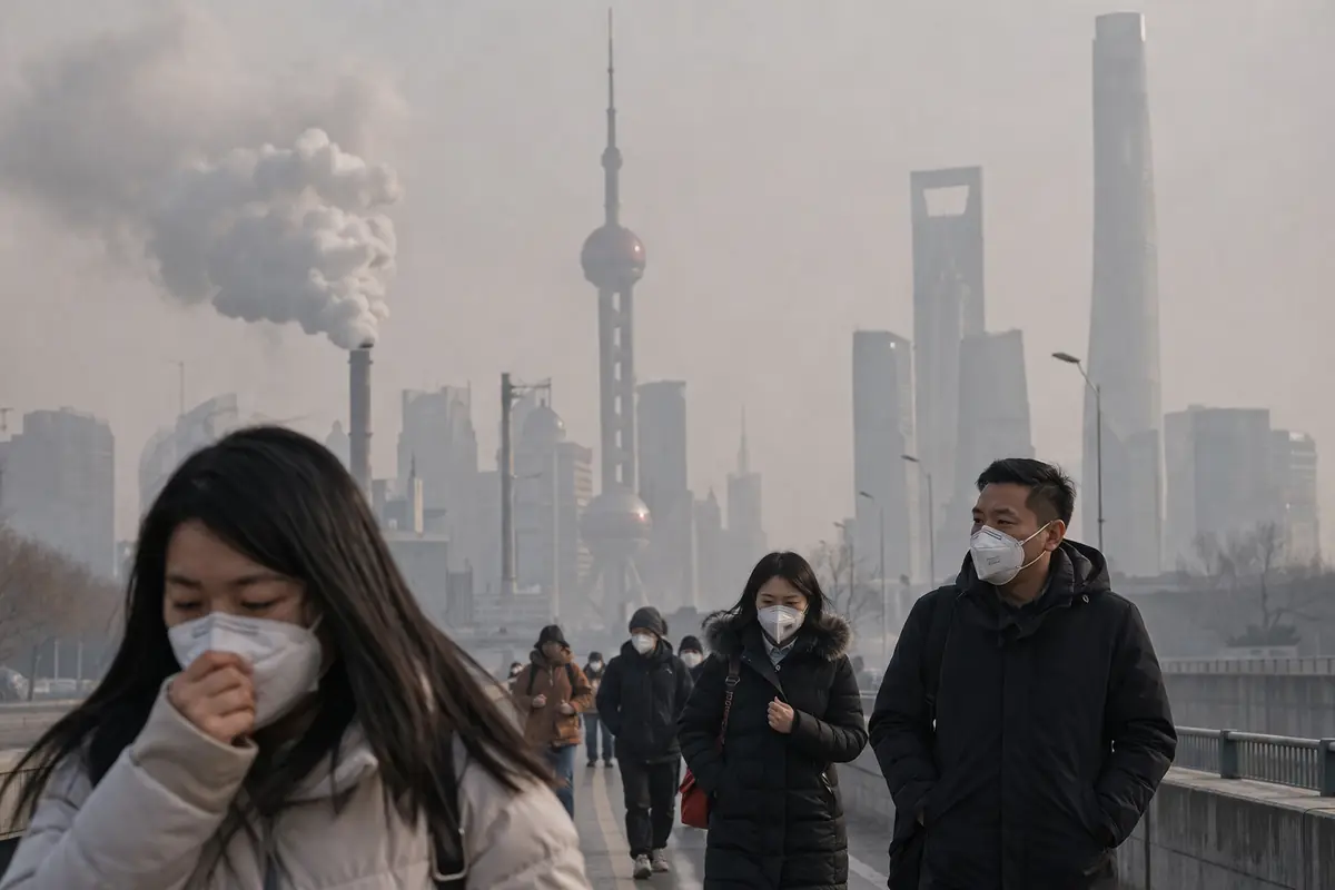 persone con mascherine in città cinese con smog e inquinamento atmosferico