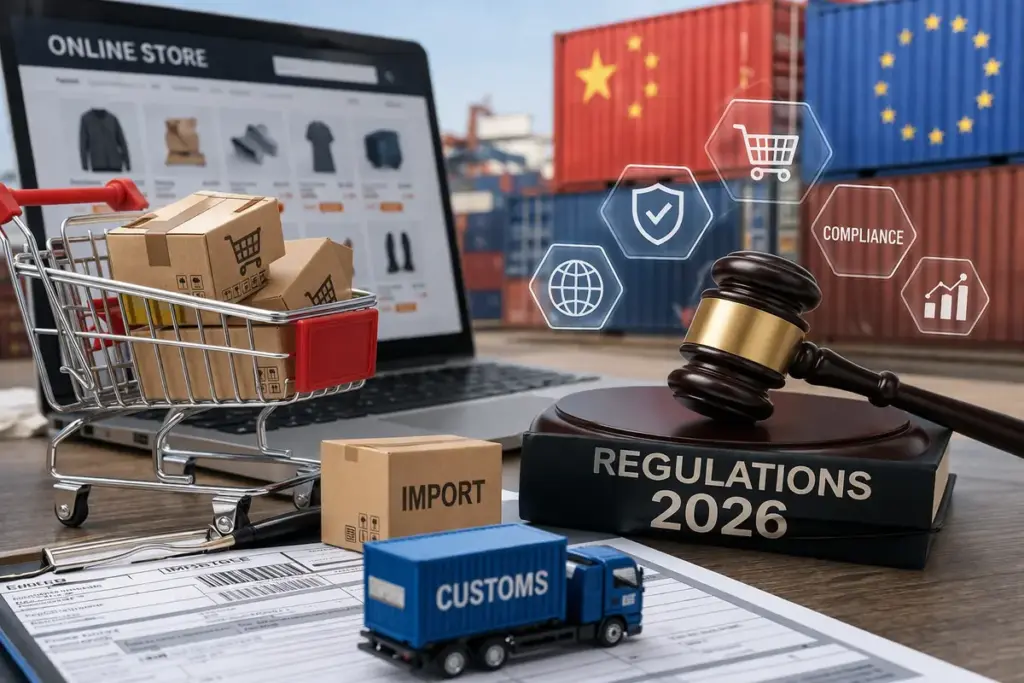 ecommerce internazionale con pacchi, laptop e simboli di regolamentazione e dogana