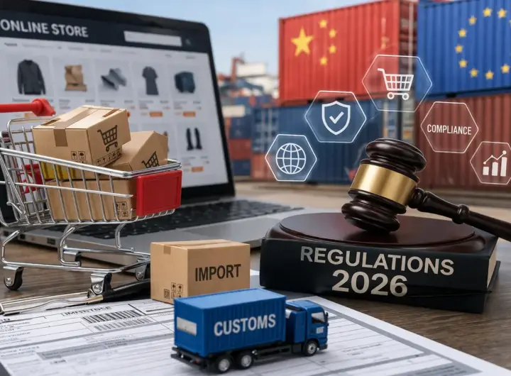 ecommerce internazionale con pacchi, laptop e simboli di regolamentazione e dogana