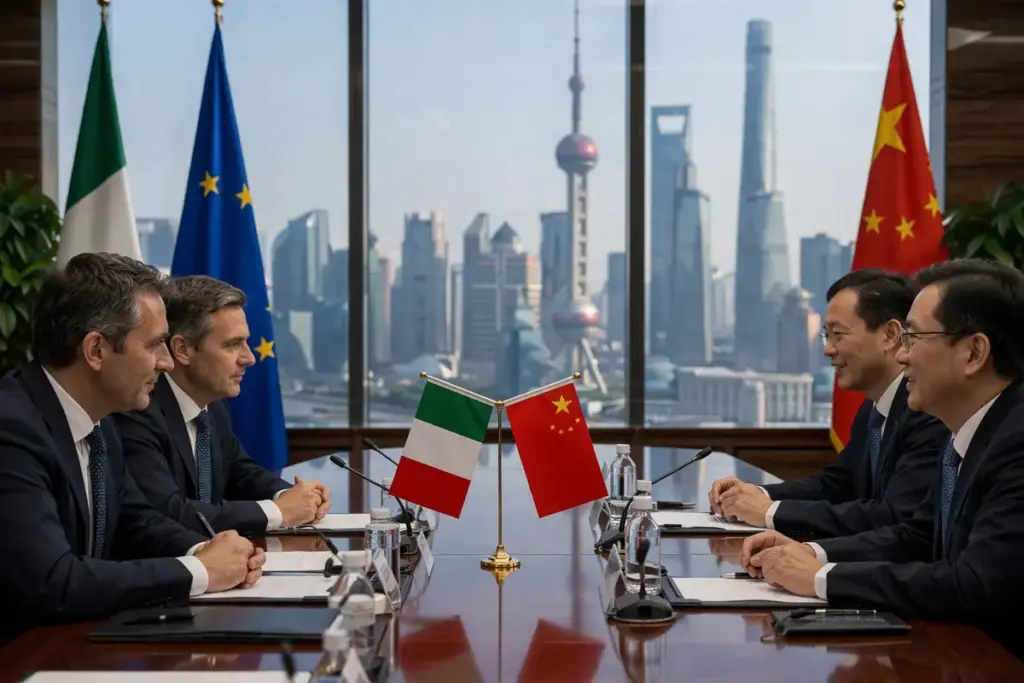 incontro istituzionale tra delegazioni di Italia e Cina in sala conferenze