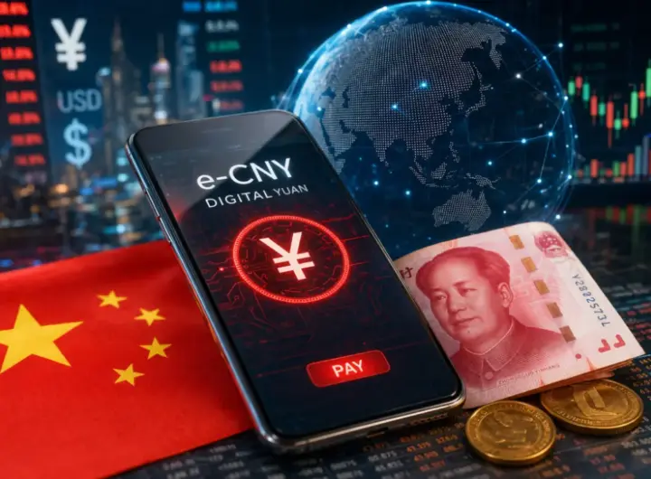 smartphone con yuan digitale e simbolo valuta cinese su sfondo finanziario globale