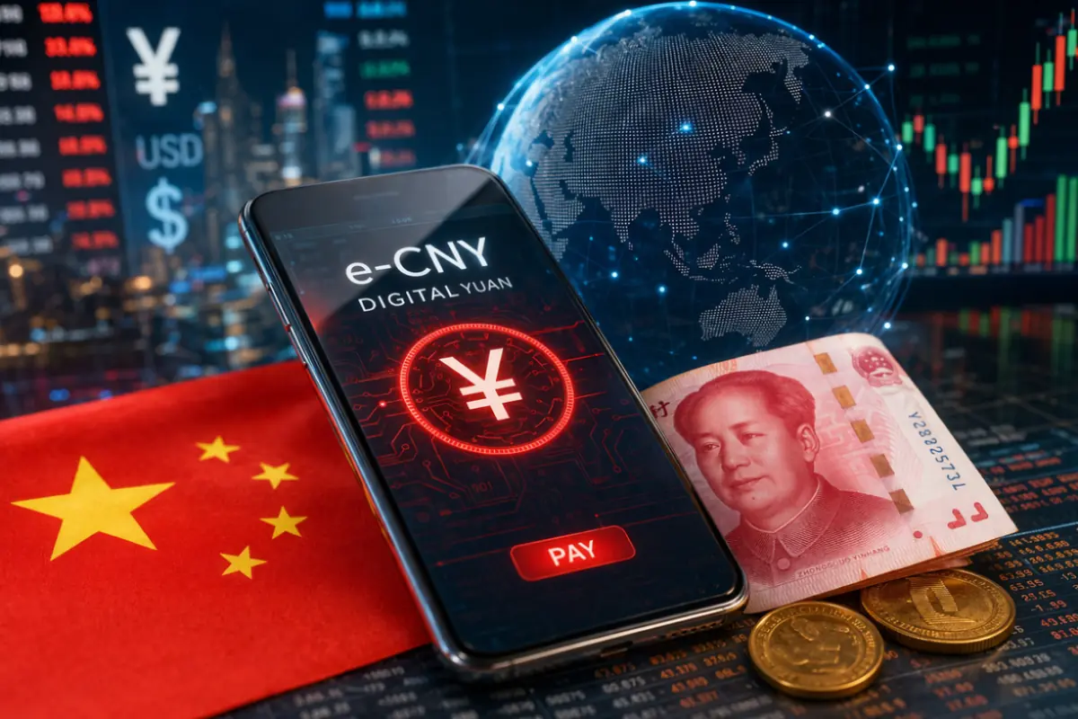 smartphone con yuan digitale e simbolo valuta cinese su sfondo finanziario globale
